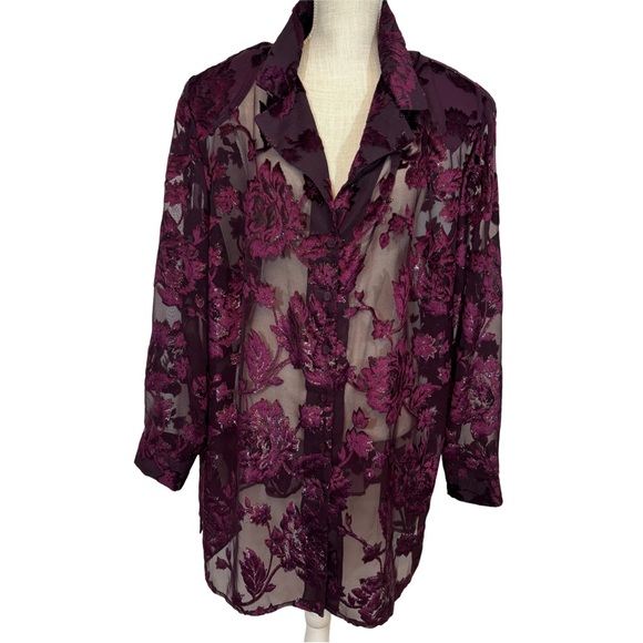 The Unbranded Brand Tops - Burgundy Purple Burnout Velvet Floral Button Up Sheer Shirt Top 2X Whimsigoth